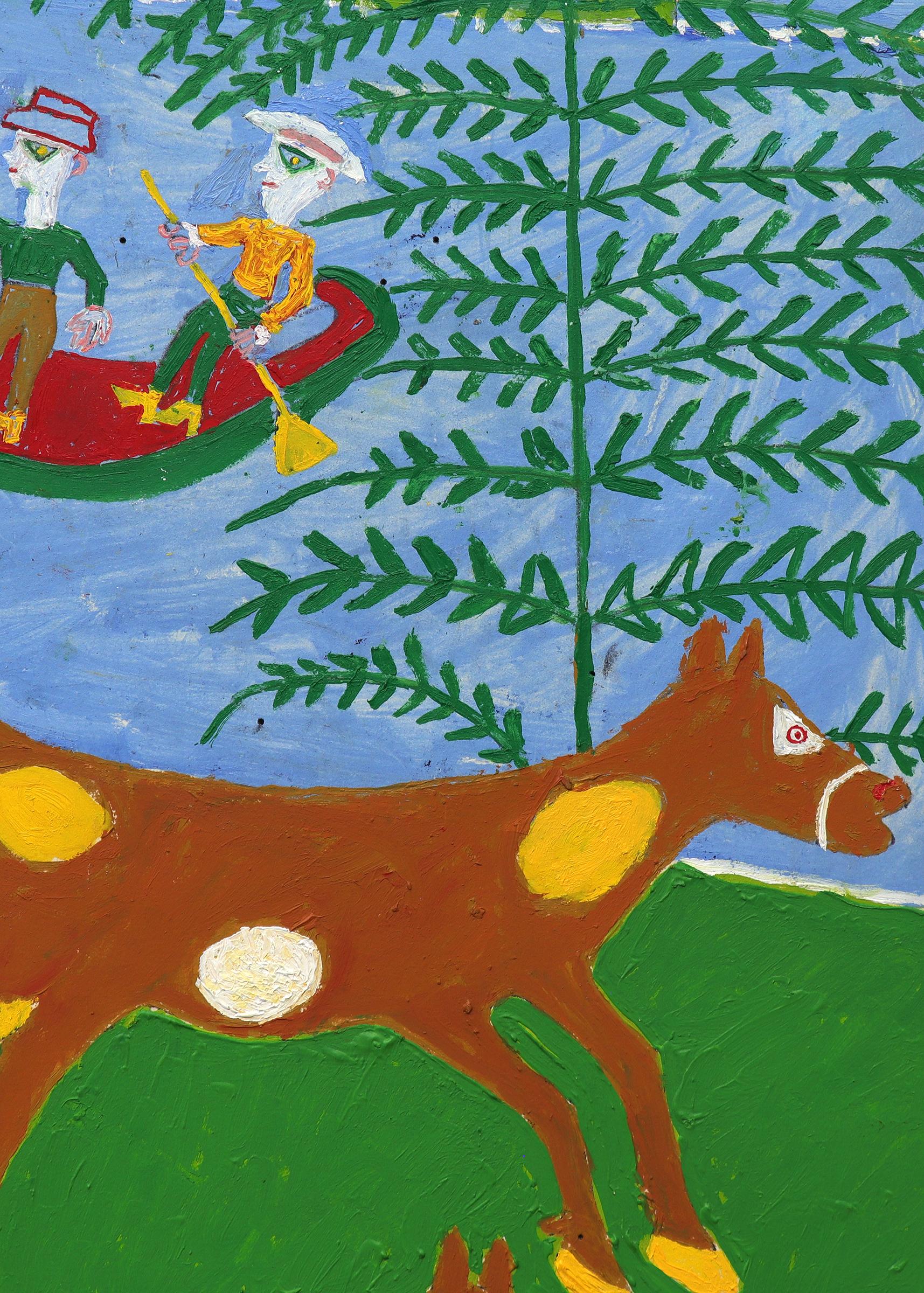 1960s Mexican-American Folk Art Oil Painting – Colorful Rural Farm Scene en venta 3