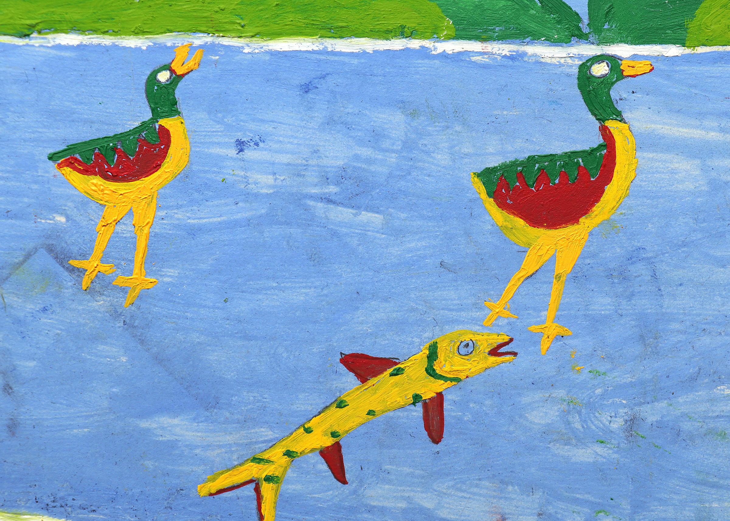 1960s Mexican-American Folk Art Oil Painting – Colorful Rural Farm Scene en venta 5