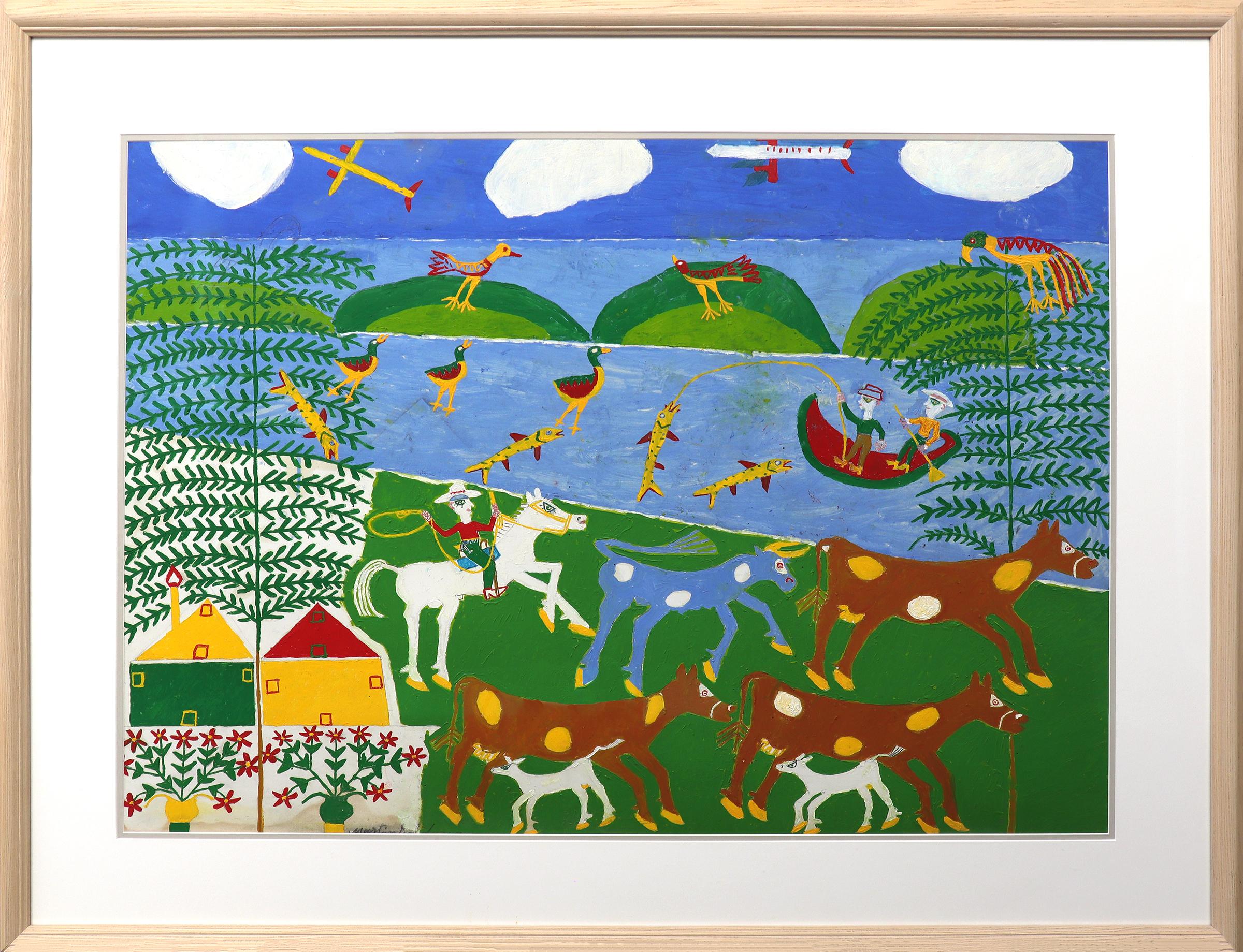 1960s Mexican-American Folk Art Oil Painting – Colorful Rural Farm Scene