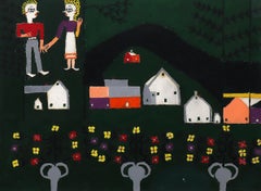 Mexikanisch-amerikanisches Volkskunst-Ölgemälde - Figuren, Häuser und Landschaften, 20.