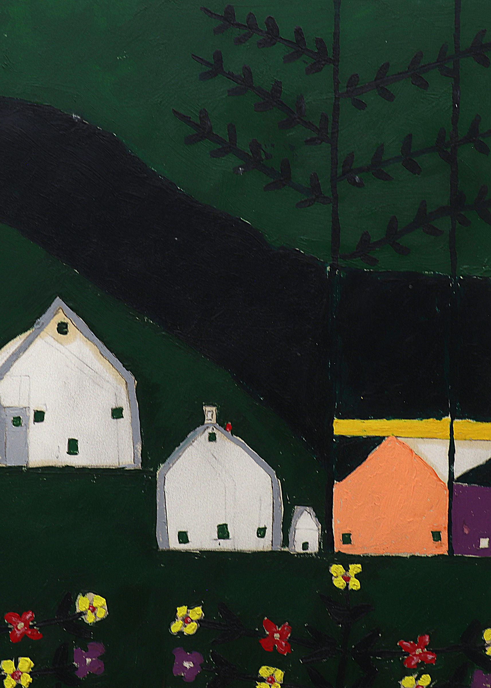 Oil on board painting by Martin Saldana (1874-1965) titled 'Farm and Figures'. Presented in a custom frame measuring 21 ½ x 26 ¼ inches; image size is 14 x 19 ⅛ inches. Titled by the artist verso. 

Dark green background with flowers, houses, and