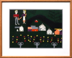 Farm and Figures, Figurative Folk Art Oil Painting with Houses and Landscape