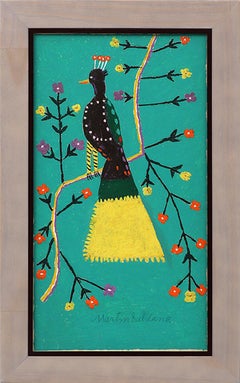 Vintage Modernist Brightly Colored Oil Painting of a Bird and Flowers, Teal, Purple