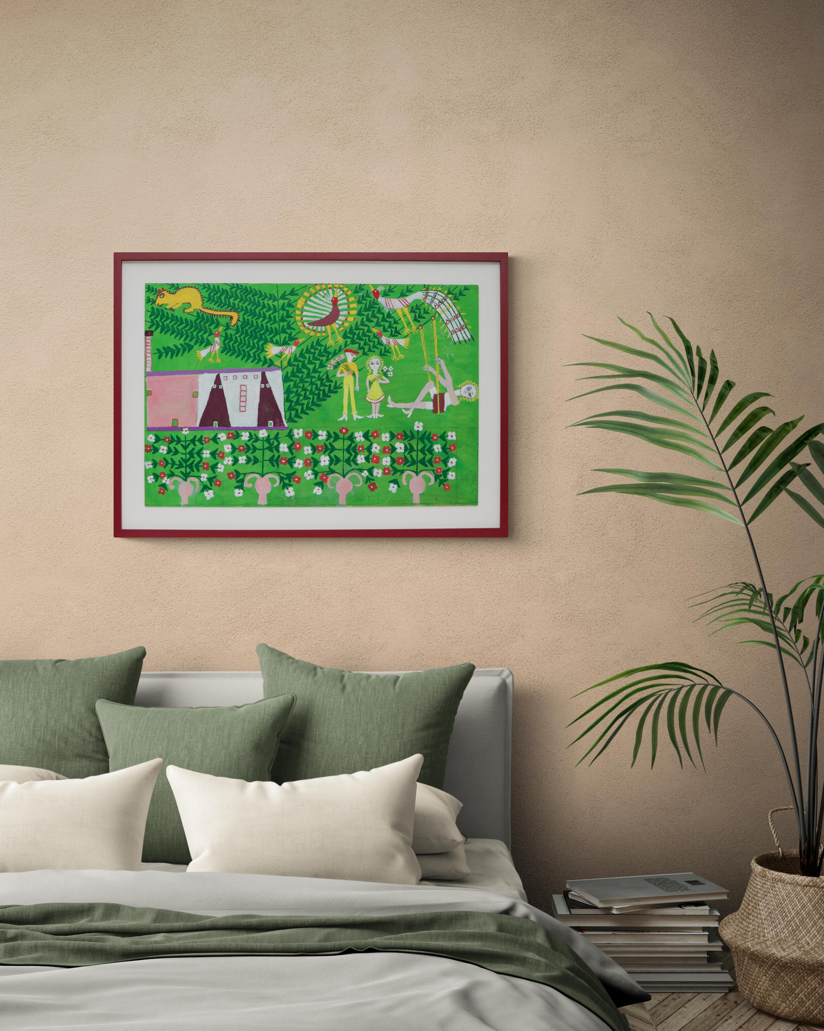 Pintura al óleo de arte popular mexicano-americano de los años 60, Chica en columpio, Pájaros, Color brillante en venta 6