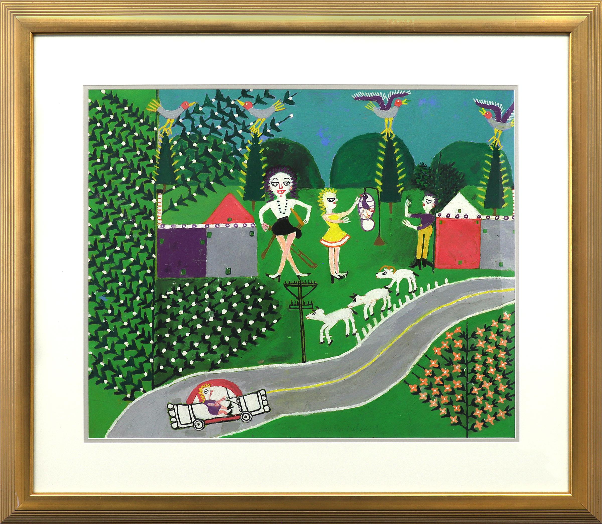Mädchen mit Schafen und Auto, Öl auf Karton Landschaftsgemälde mit Figuren