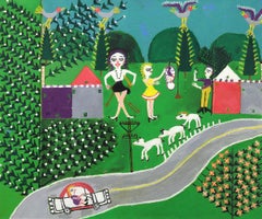 Girl with Sheep and Car – Original Folk Art Oil Painting by Martin Saldaña