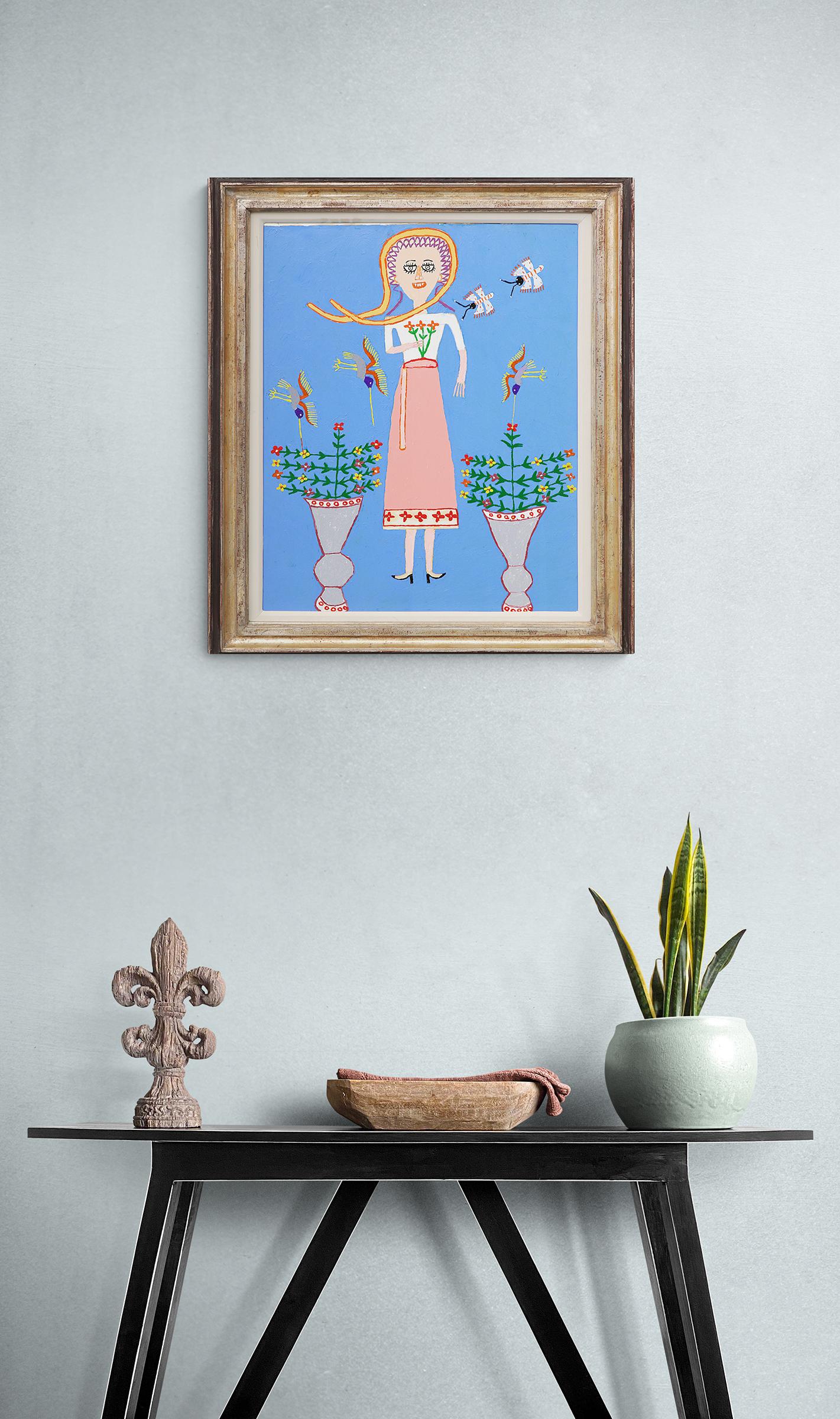 Lovely Gal, 1950s Framed Semi Abstract Figurative Oil Painting, Flowers Birds For Sale 6