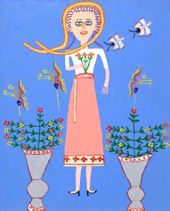 Lovely Gal, 1950s Semi-Abstract Figurative Folk Art Oil Painting,  & Birds
