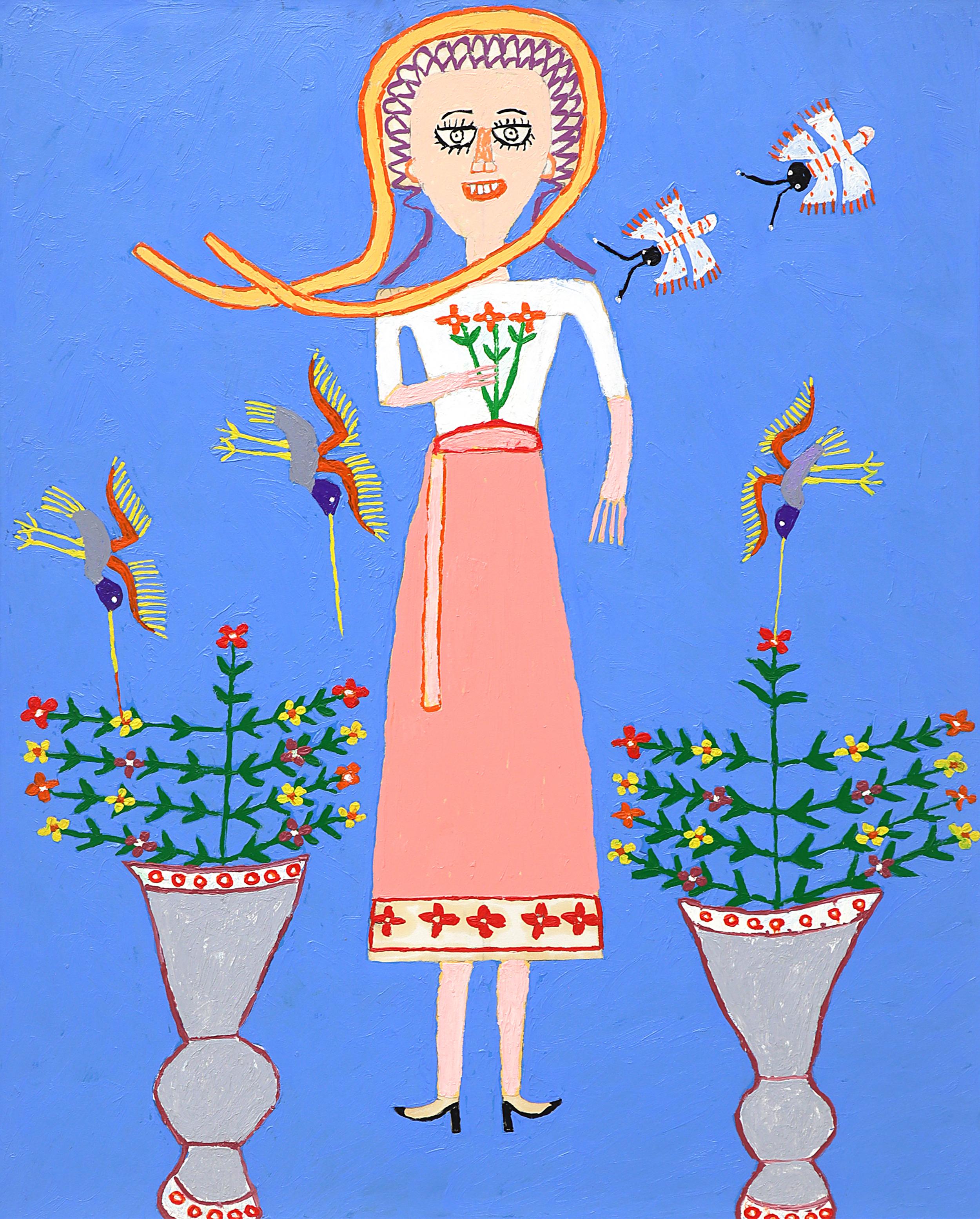 Martin Saldana Figurative Painting – Martin Saldaña "Lovely Gal" Volkskunst Ölgemälde Mexikanisch-amerikanischer Künstler