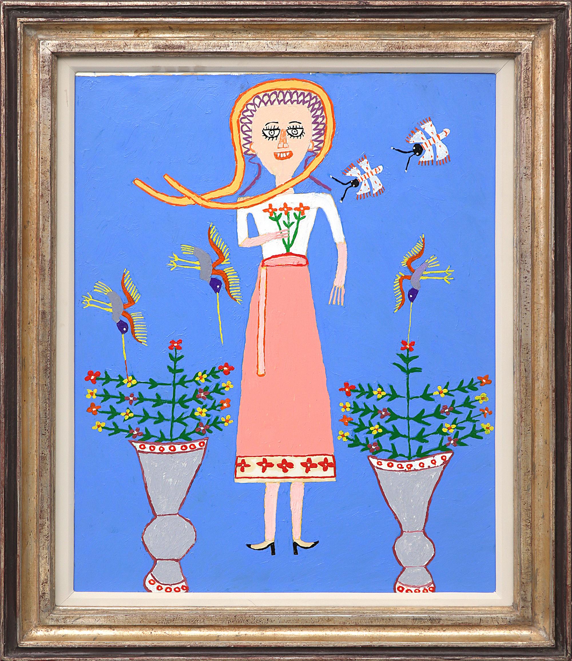 Lovely Gal, 1950s Semi-Abstractative Figurative Folk Art Ölgemälde,  & Vögel