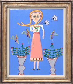 Lovely Gal, 1950s Semi-Abstractative Figurative Folk Art Ölgemälde,  & Vögel