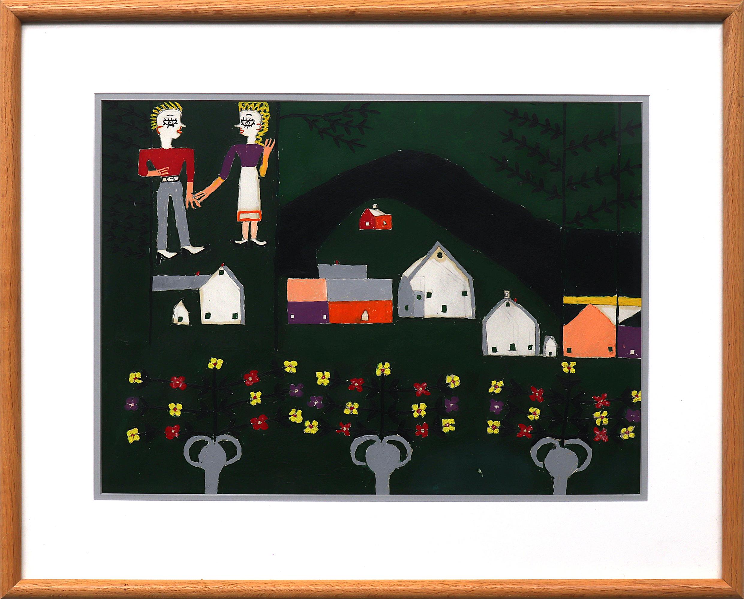Peinture à l'huile d'art populaire mexicain - Figures, maisons et paysages, C.I.C.