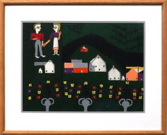 Peinture à l'huile d'art populaire mexicain - Figures, maisons et paysages, C.I.C.