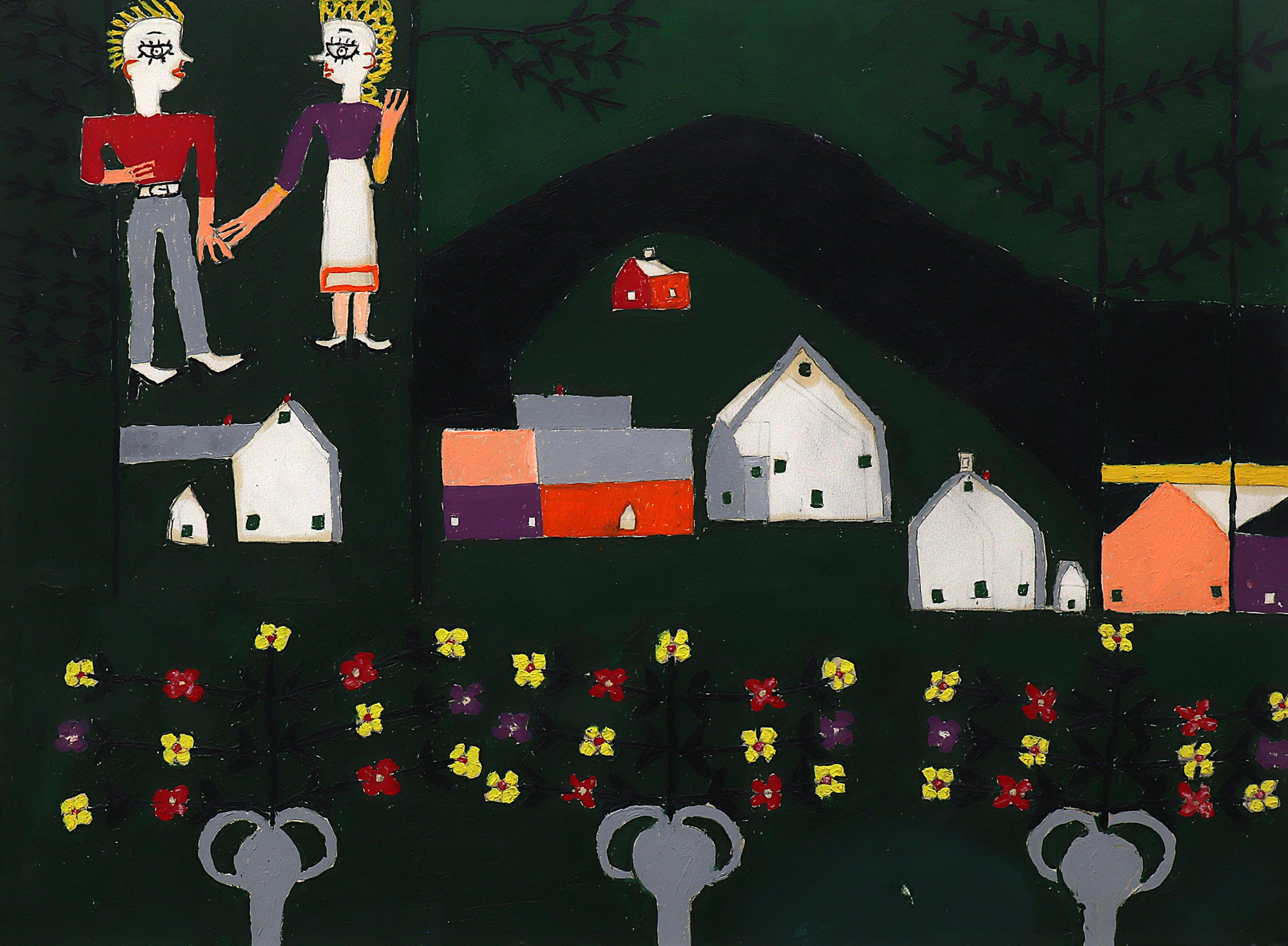 Mexican American Folk Art Oil Painting – Figures, Houses & Landscape, 20th C.