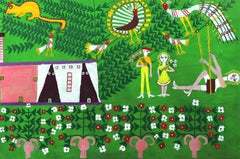 Mexikanisch-amerikanische Volkskunst-Ölgemälde der 1960er Jahre, Mädchen auf Swing, Vögel, leuchtende Farben