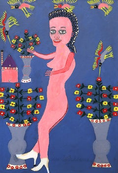 Nude Side View, Abstract Figurative Oil Painting of a Female Figure, Pink Blue