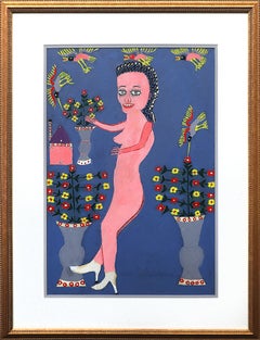Vue latérale d'un nu, peinture à l'huile figurative abstraite d'une figure féminine, rose et bleue 
