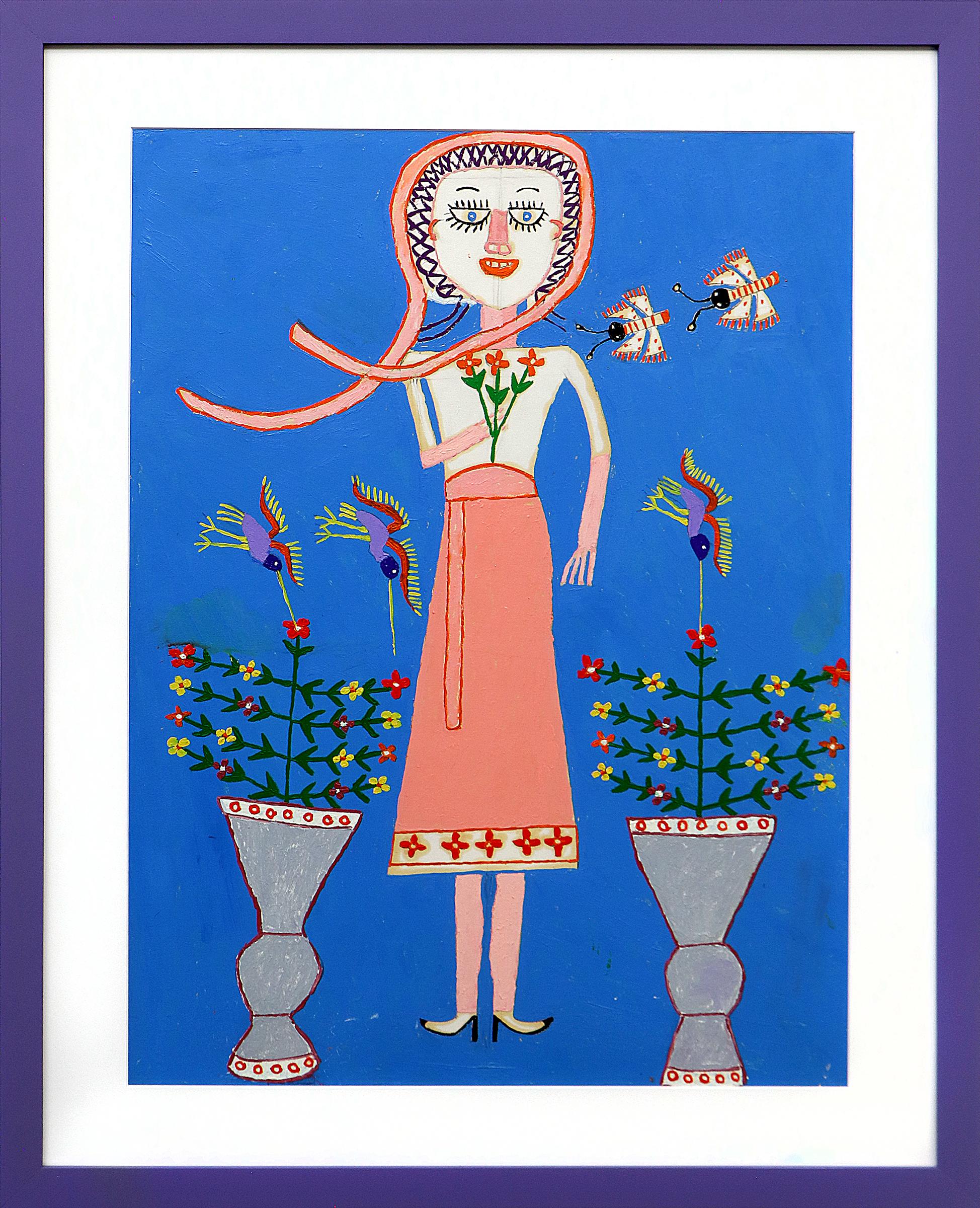 Original Naïve Folk Art Oil Painting by Martin Saldaña – Whimsical Girl, Flowers - Blue Figurative Painting by Martin Saldana