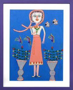 Pintura al óleo original Naïve Folk Art de Martin Saldaña - Chica caprichosa, flores