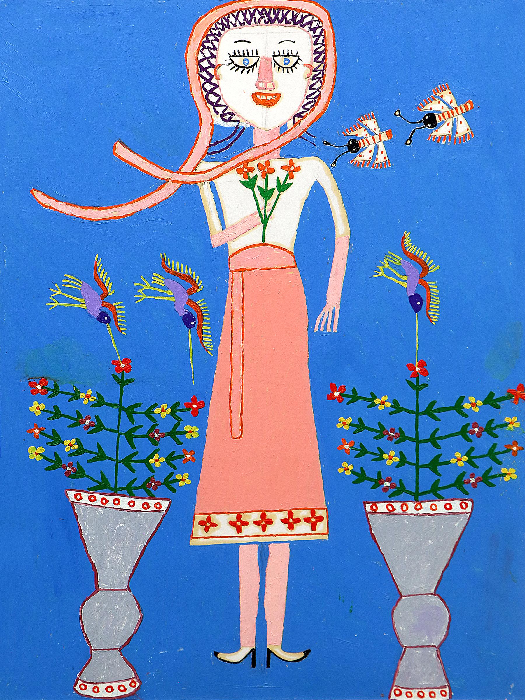 This enchanting original oil painting, Pinky, is a beautiful example of whimsical Naïve folk art by the artist Martin Saldaña. The artwork features a charming portrait of a young girl surrounded by vibrant flowers, butterflies, and hummingbirds, all