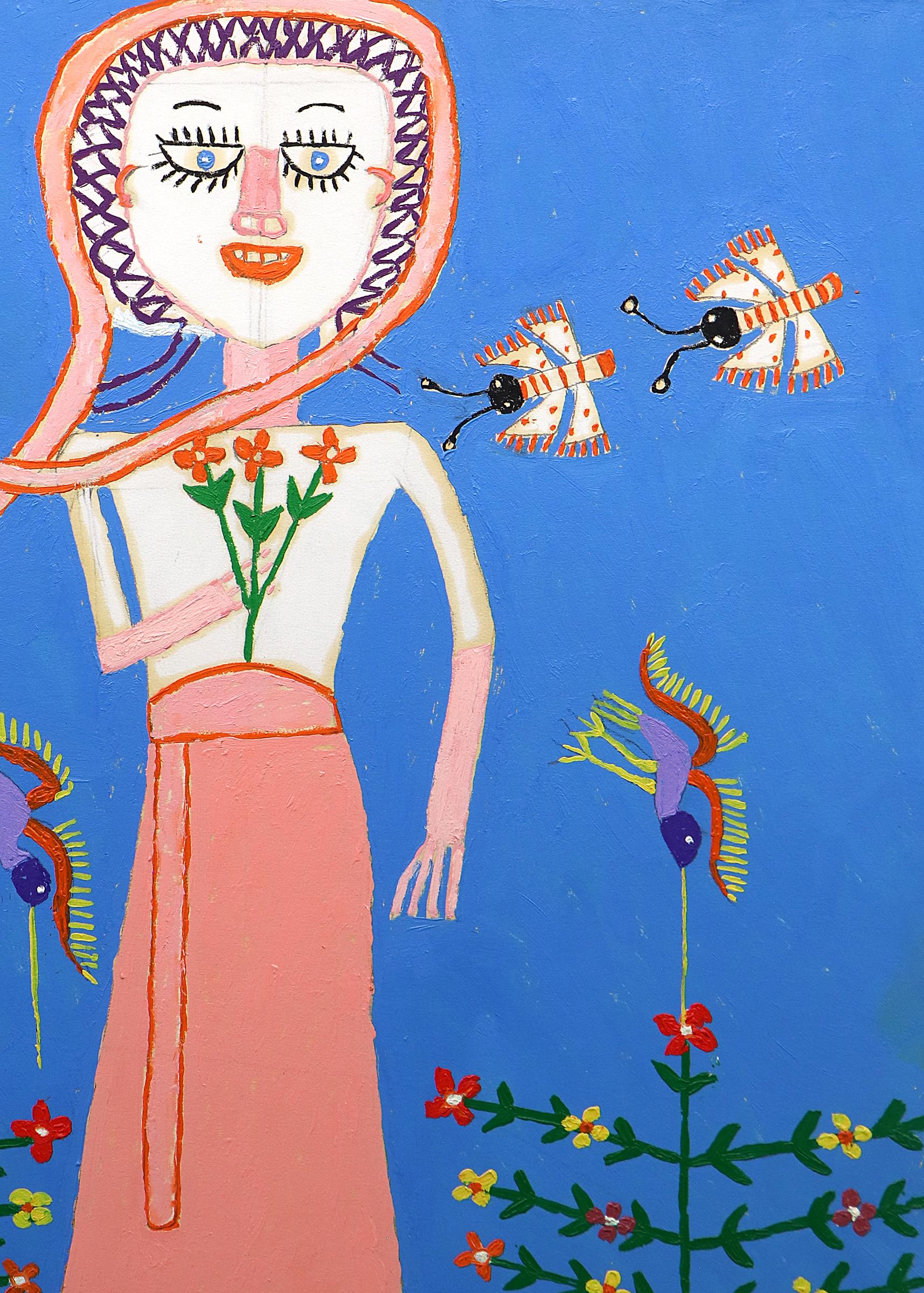 Original Naïve Folk Art Oil Painting by Martin Saldaña – Whimsical Girl, Flowers For Sale 1
