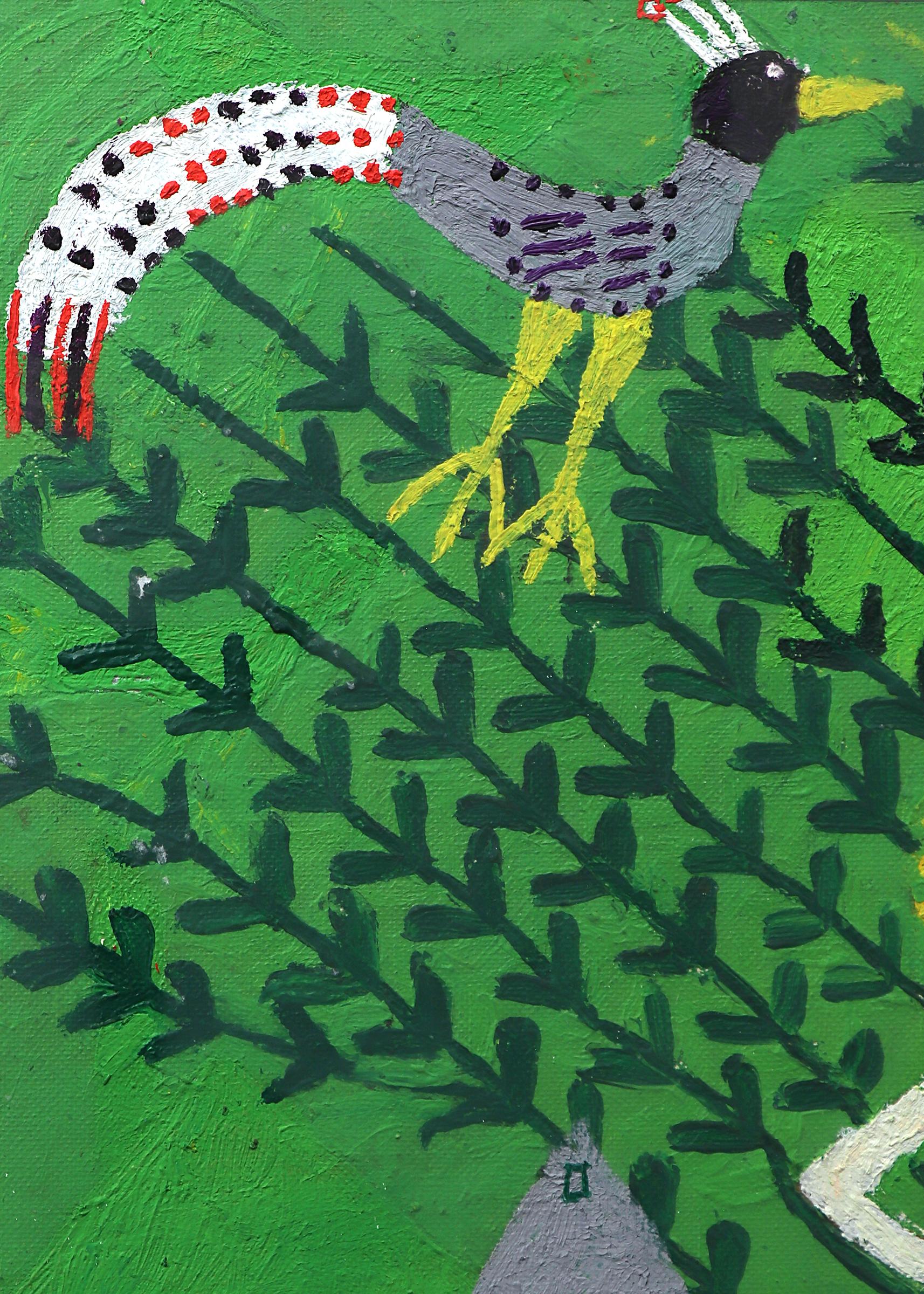 Sitzendes Mädchen und Hummingbird, lebhaftes figuratives Ölgemälde, grün, grau und schwarz – Painting von Martin Saldana