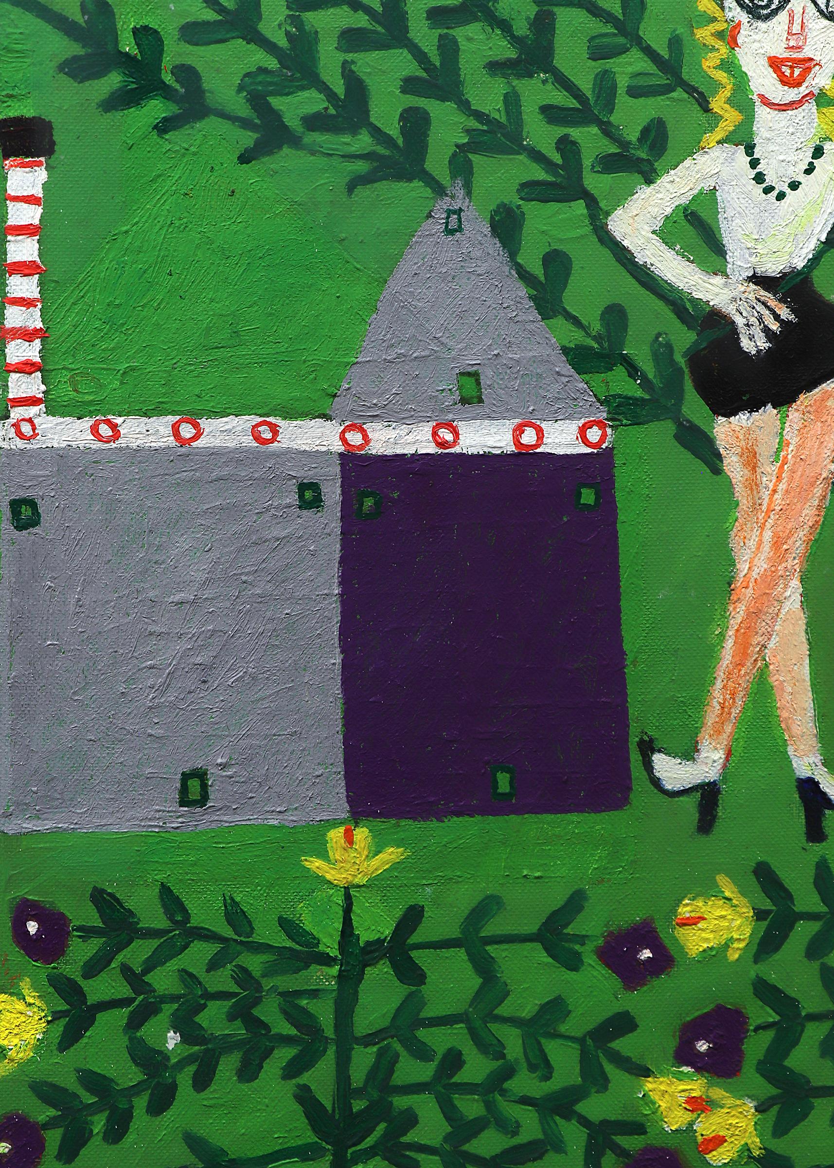 Sitzendes Mädchen und Hummingbird, lebhaftes figuratives Ölgemälde, grün, grau und schwarz (Volkskunst), Painting, von Martin Saldana