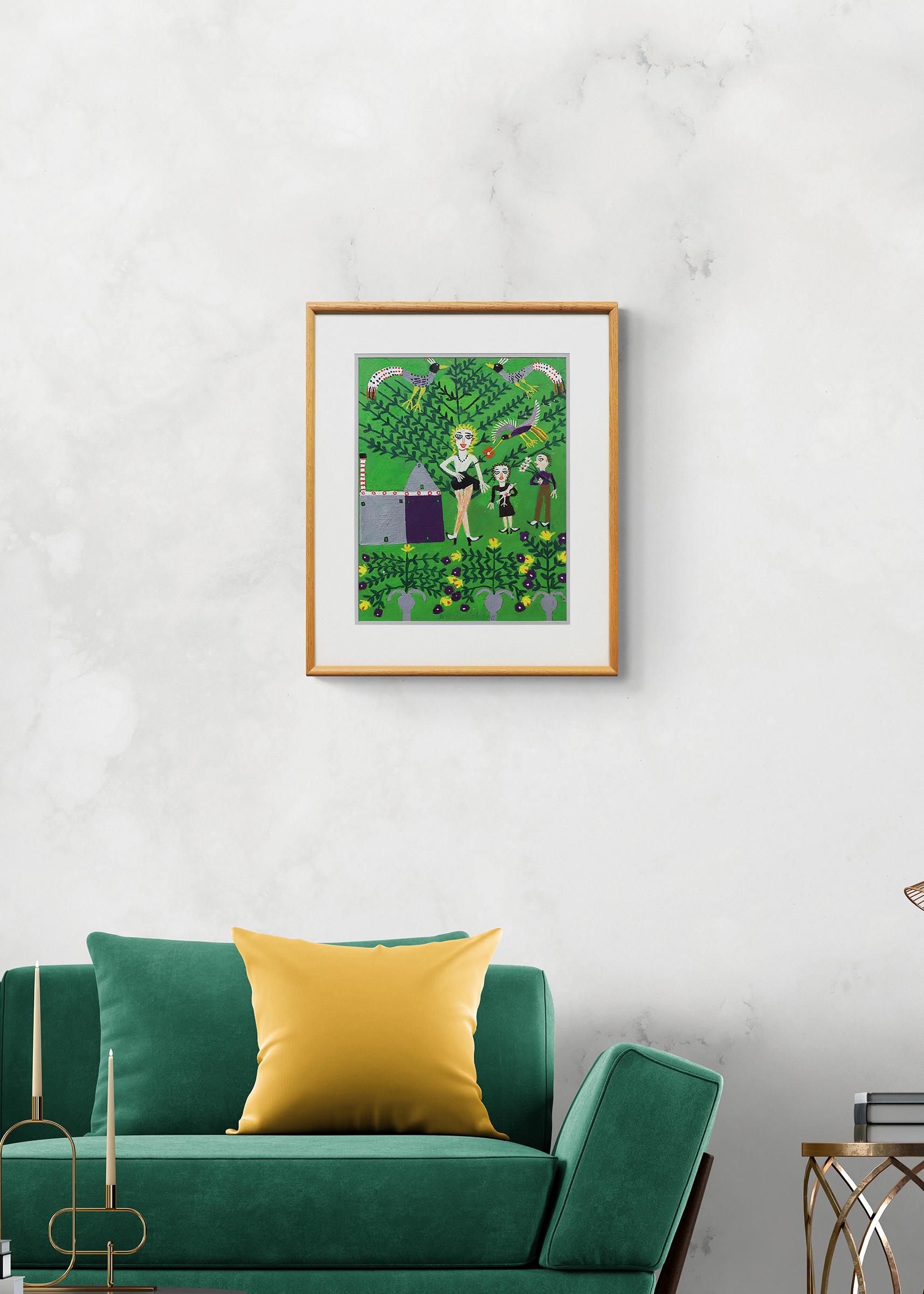 Jeune fille assise et oiseau volant, peinture à l'huile figurative vibrante, vert, gris et noir en vente 3