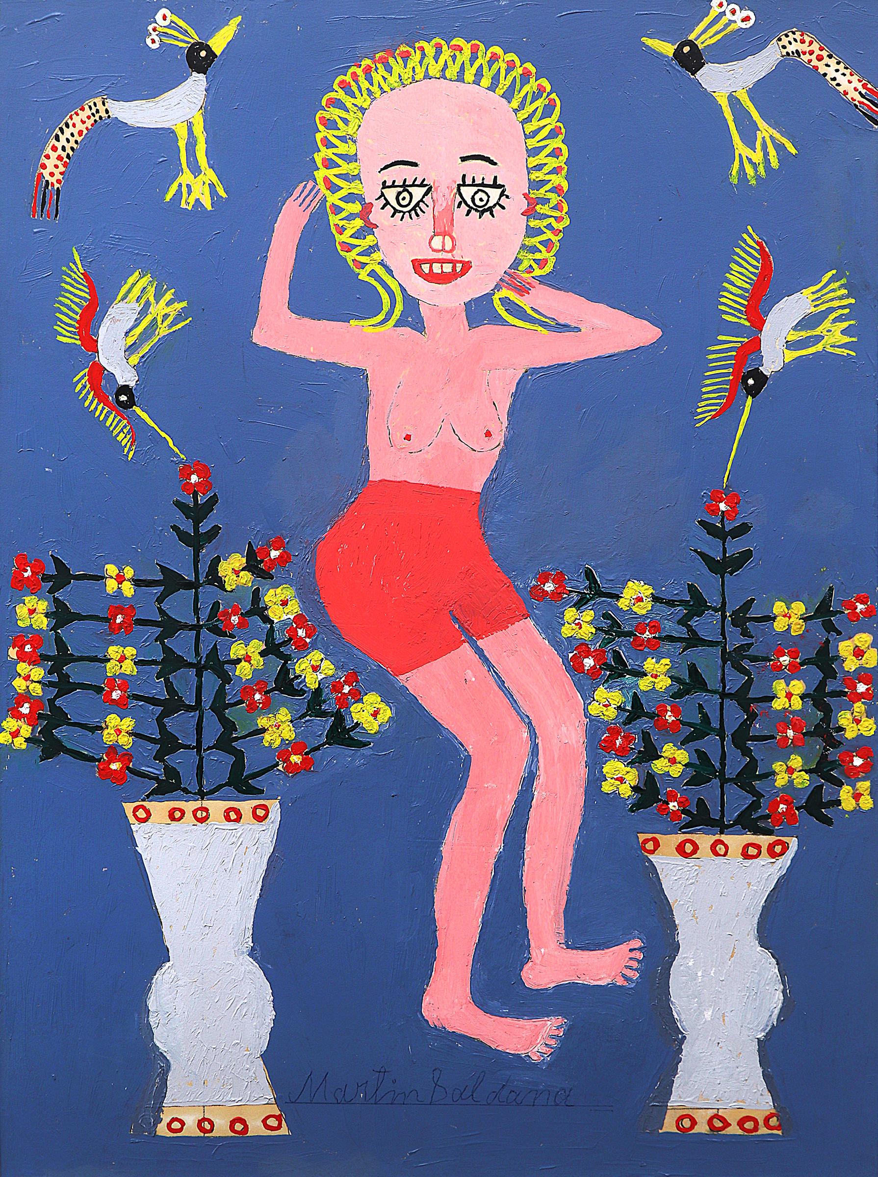 Piccolo nudo del 20° secolo, dipinto ad olio figurativo dai colori vivaci, arte popolare - Painting Arte popolare di Martin Saldana