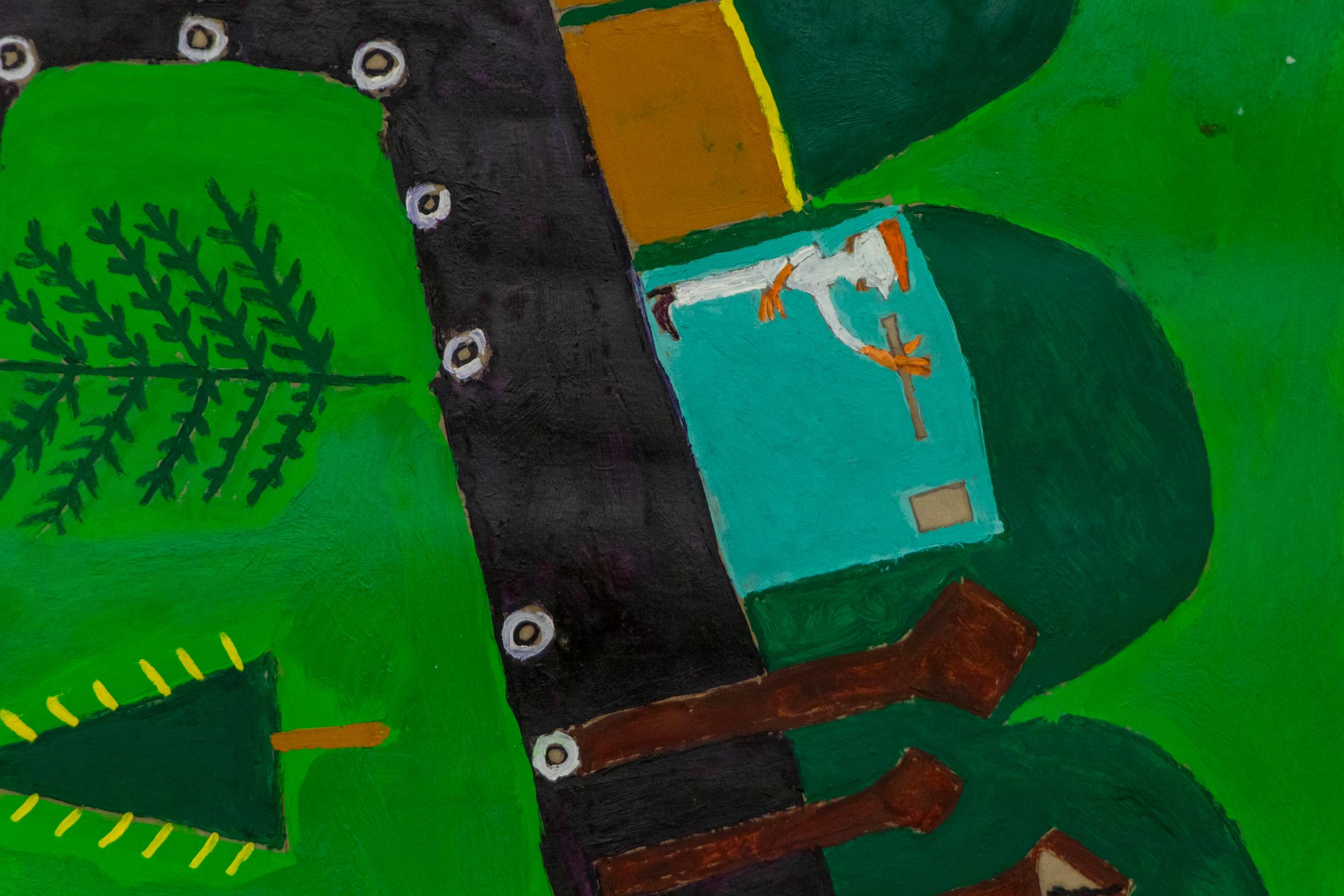 Il treno, pittura a olio vintage di arte popolare vibrante con dettagli colorati e audaci - Abstract Painting Verde di Martin Saldana