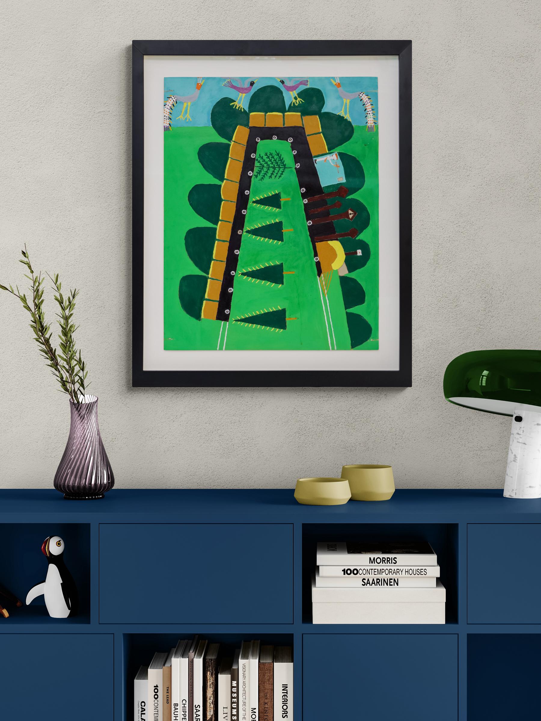 Il treno, pittura a olio vintage di arte popolare vibrante con dettagli colorati e audaci in vendita 1