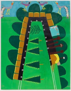 The Train, Vintage Vibrant Folk Art Oil Painting with Bold Colorful Details