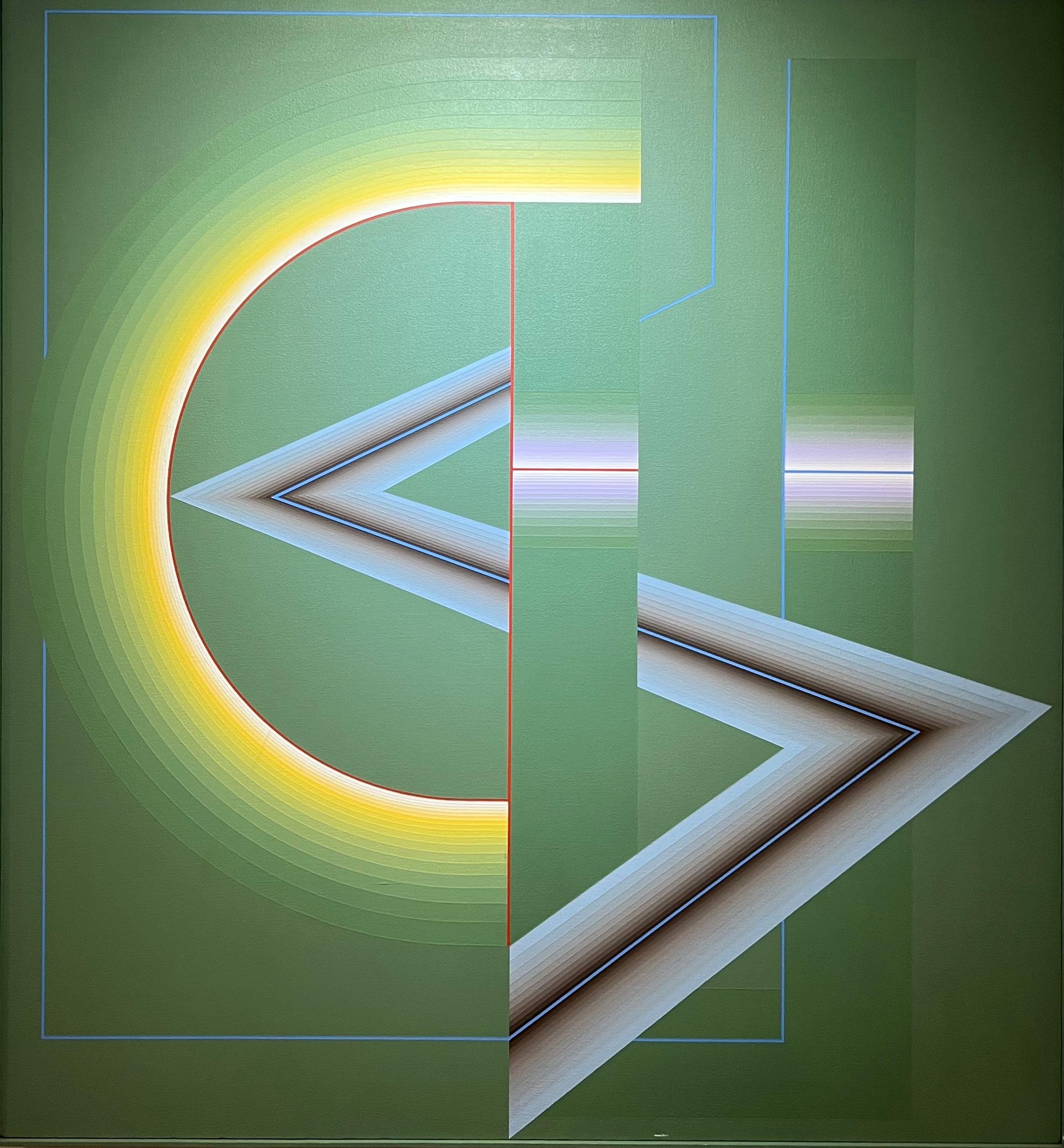 Martin Schreiber Abstract Painting - 1977 American Polish ABSTRACT GEOMETRIC Painting Greens, BLUES and Yellow
