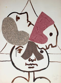 "Triumvirate" 1958 Fabric & Watercolor Figurative Abstract