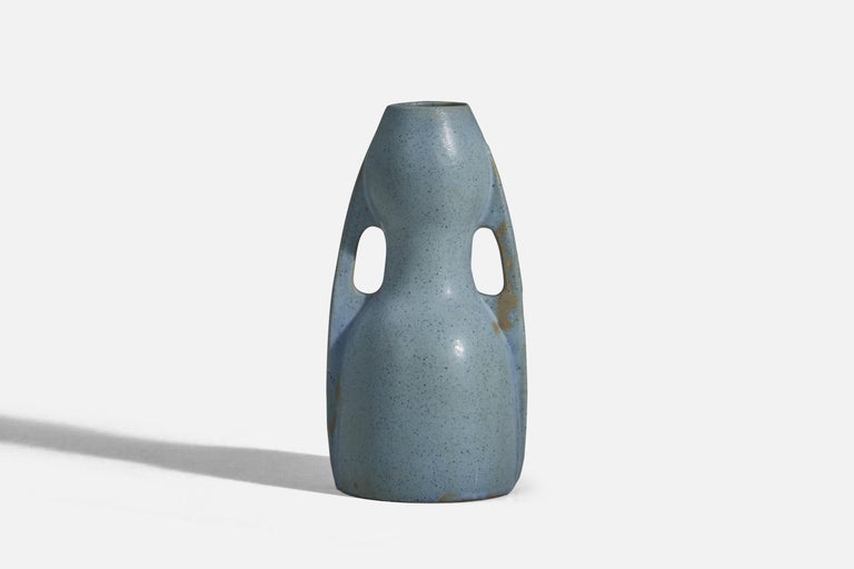 A light-blue glazed stoneware vase designed by Martin Svensson and produced by Höganäs, Sweden, 1930s.