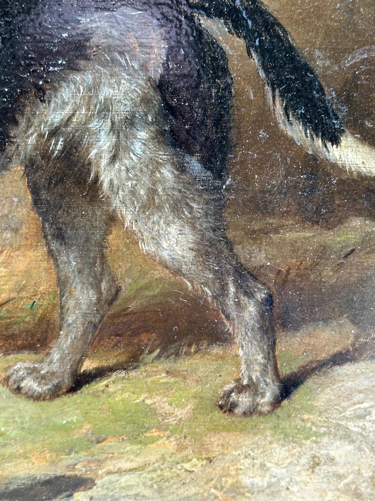 Cette peinture non signée, attribuée au cercle de Martin Theodore Ward vers 1840, est une pièce exemplaire qui met en valeur le talent de ce peintre animalier anglais du XIXe siècle. L'œuvre d'art représente un chien debout sur une toile de fond