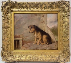 Retro Fine Victorian Oil Painting Portrait of Scruffy Terrier Dog Staring in Gilt Frme