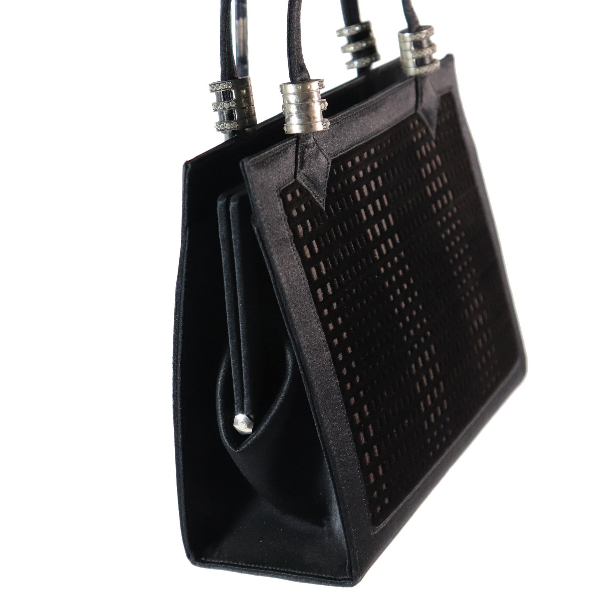 Martin Van Schaak Black Velvet Grid Pattern W/ Rhinestone Hardware from 1960s. In excellent condition, very rare bag 

Measurements: 

Height - 6.5 Inches 
Width - 8.6 Inches 
Height with Strap - 11.3 Inches 
