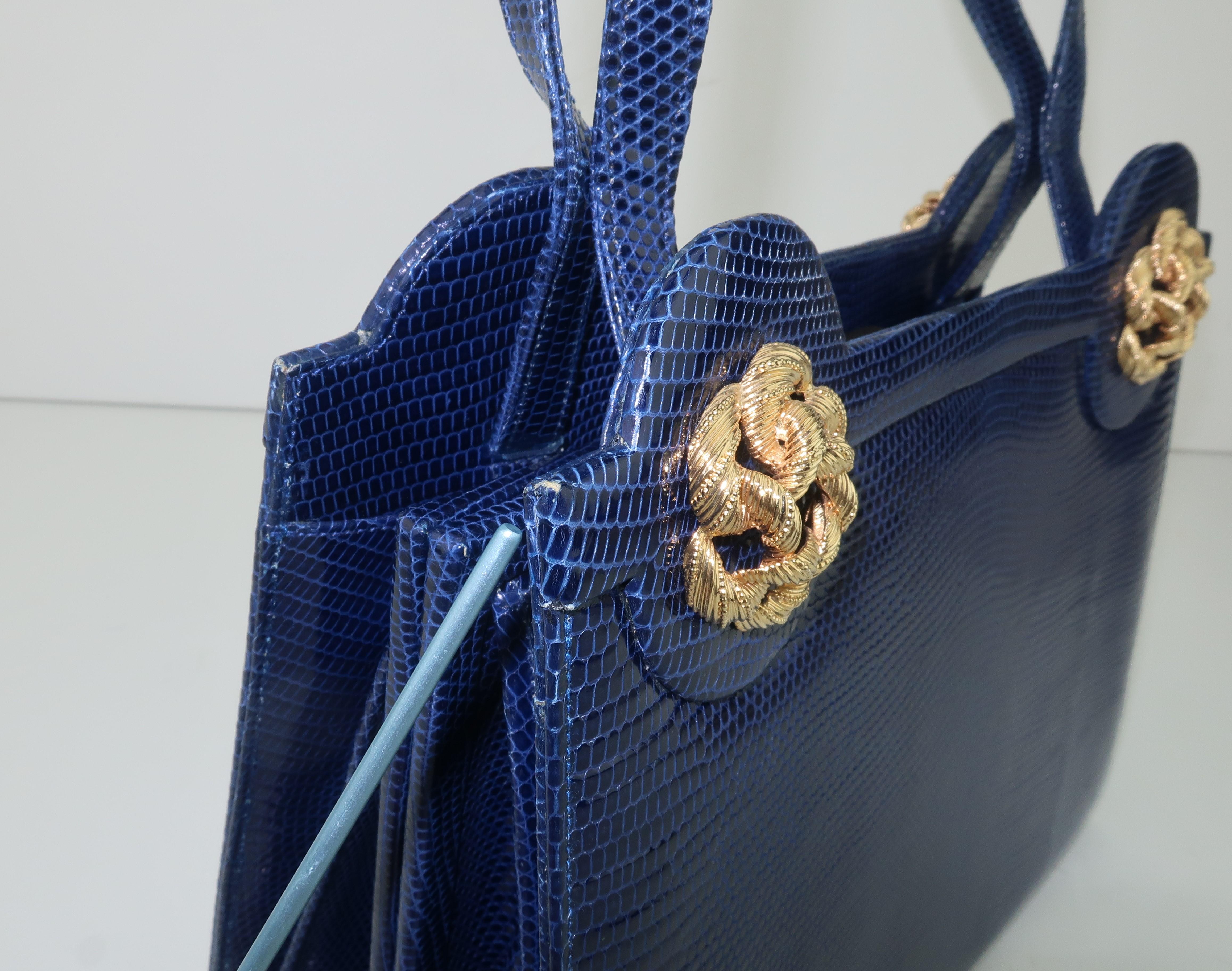 Martin Van Schaak Royal Blue Lizard Skin Handbag, 1960's 6