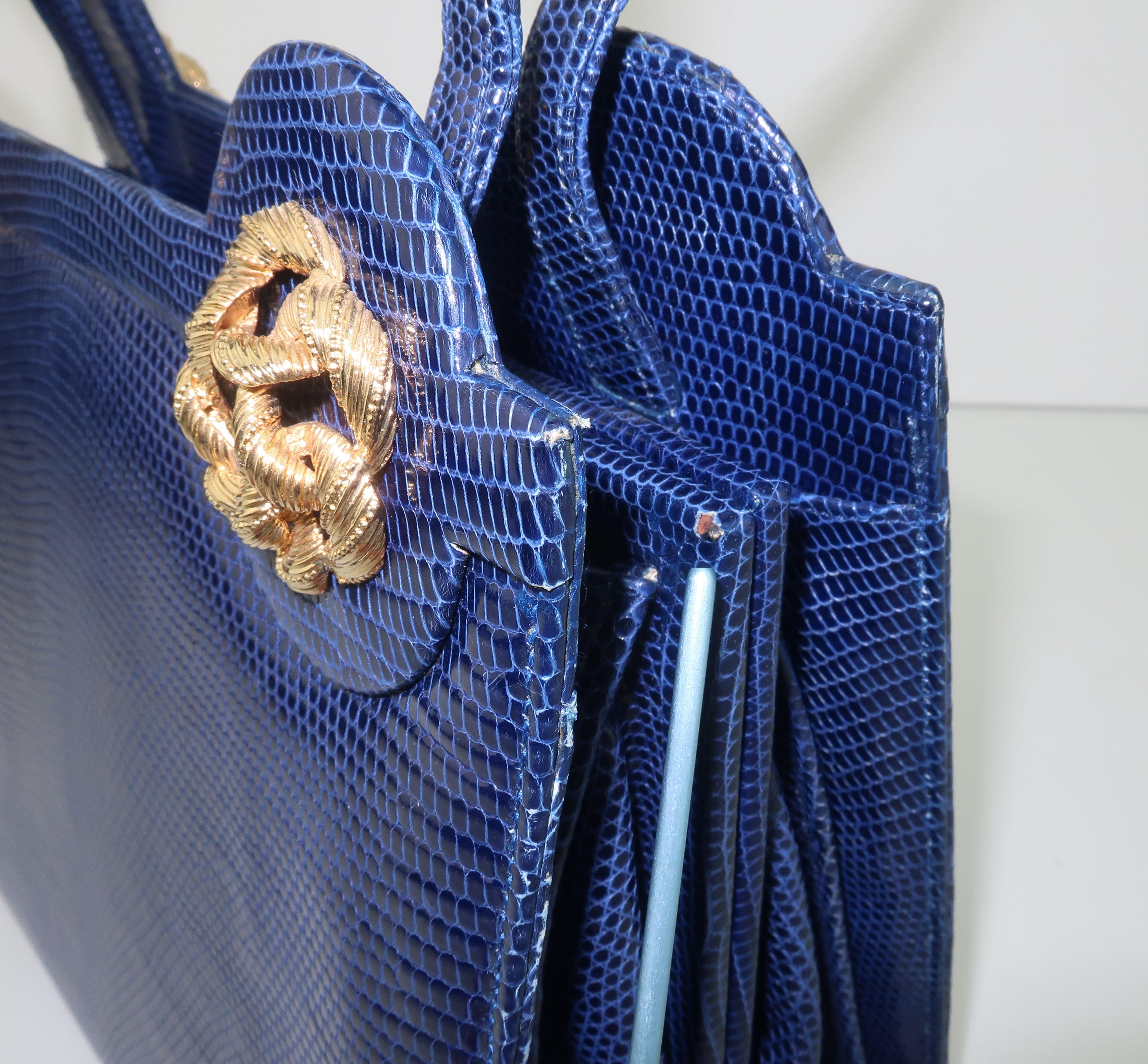 Martin Van Schaak Royal Blue Lizard Skin Handbag, 1960's 7
