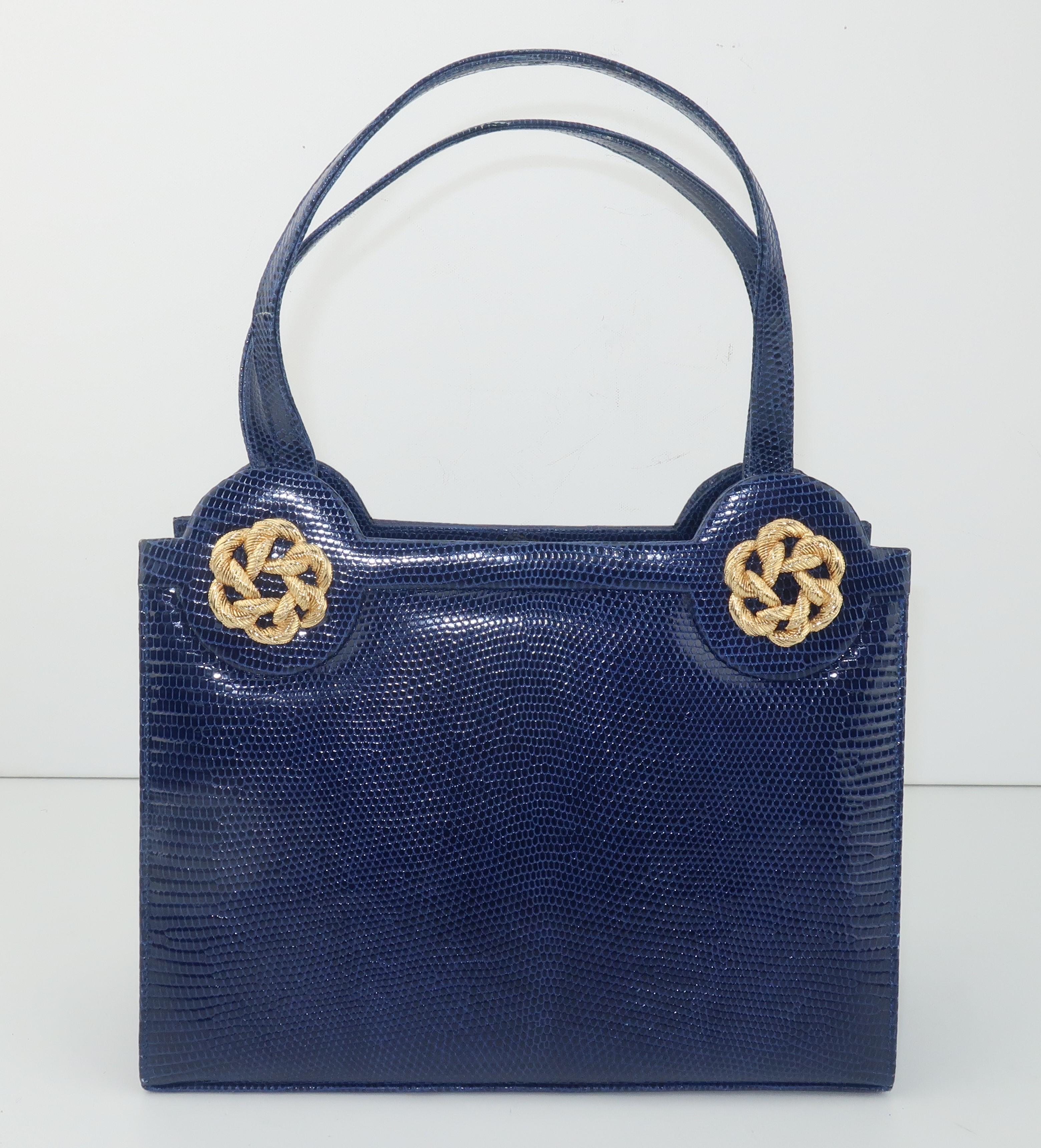 It's a Schaak attack!  A fabulous Martin Van Schaak royal blue lizard skin top handle handbag with gold 'braided' decoration is on the prowl just waiting to add a dash of vintage glamour to your wardrobe.  Mr. Van Schaak's handbag designs are truly