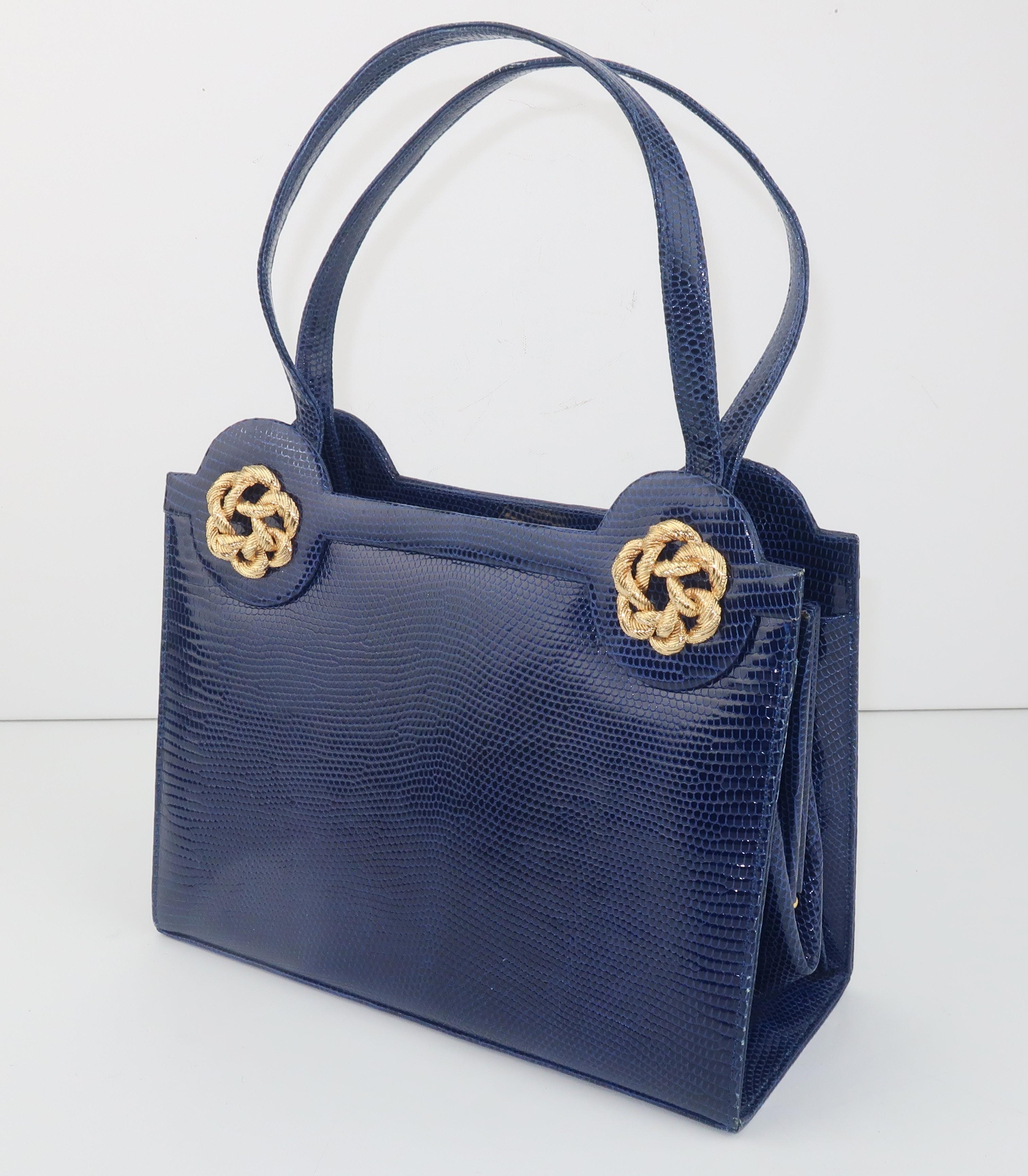 Martin Van Schaak Royal Blue Lizard Skin Handbag, 1960's In Good Condition In Atlanta, GA