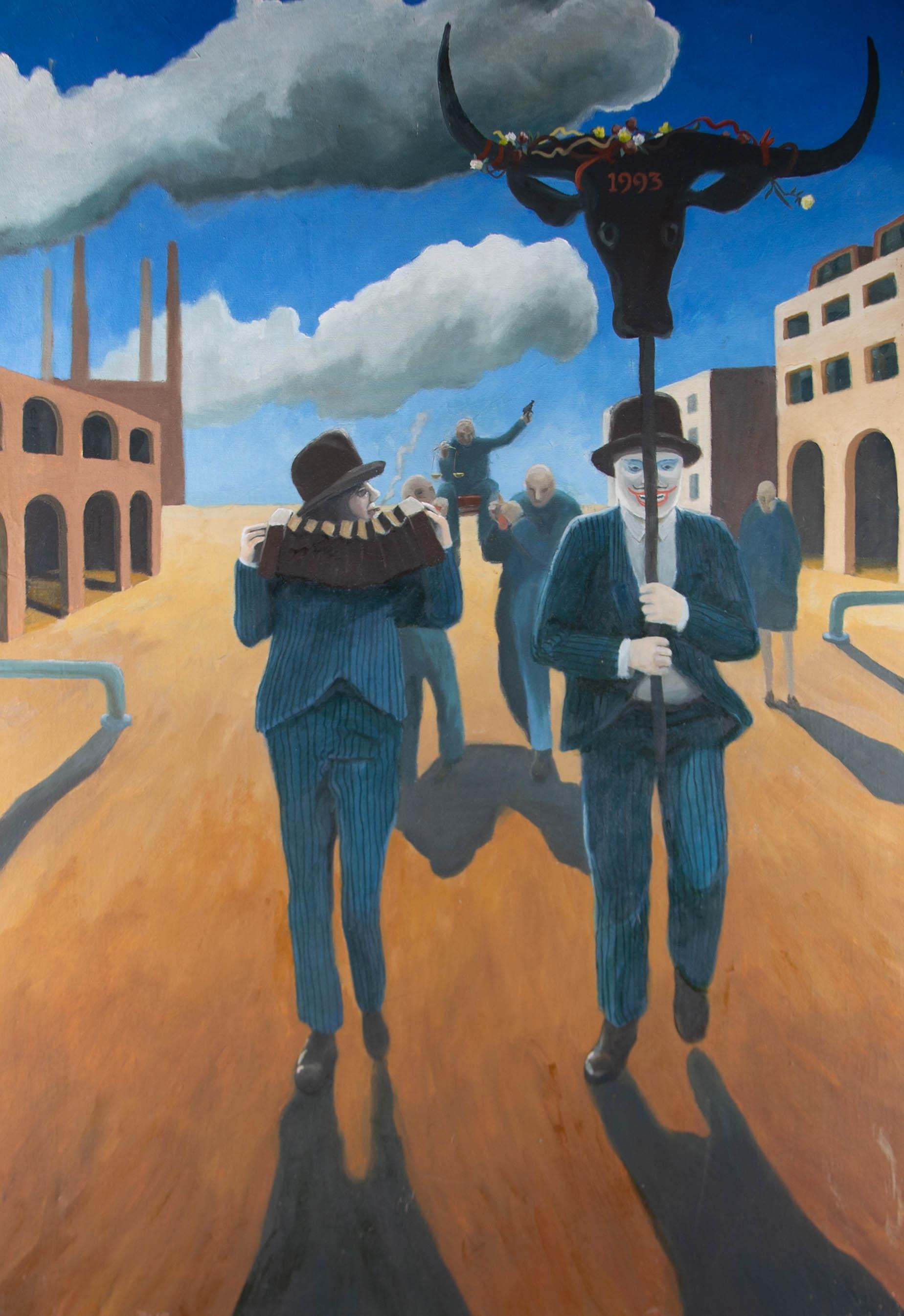 With heavy nods to De Chirico, Vernon has created an unnervingly surreal painting, depicting a sinister parade of figures on a sparse street. The artwork seems to hold heavy political connotations, making hidden commentaries in a profound manner.
