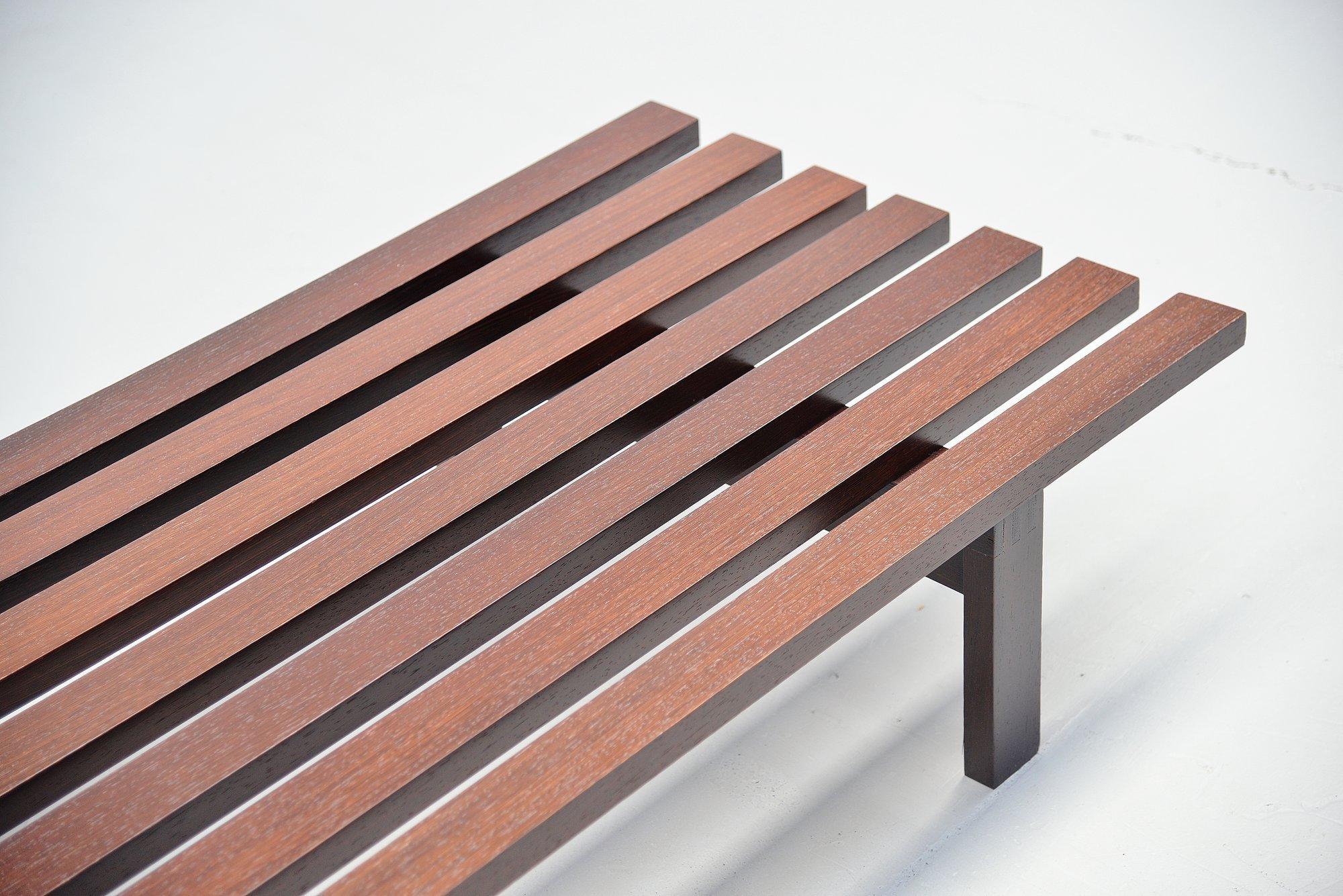 Nice large slat bench model BZ82 designed by Martin Visser, manufactured by 't Spectrum Bergeijk, Holland, 1965. This slat bench is made of solid wenge slats and is very strong. Its was originally designed for Stedelijk Museum where it was uses as