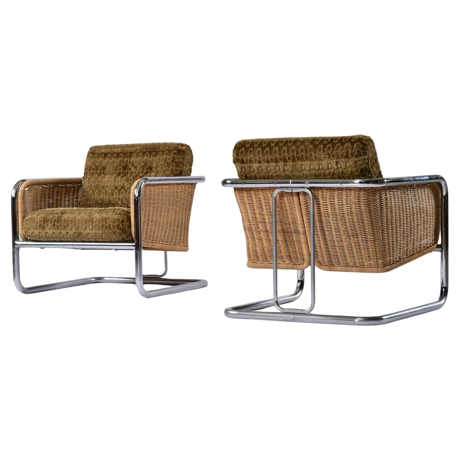 Mid-Century Modern Martin Visser Cube Cantilever en osier chromé Chaises et tables de salon modernes en vente