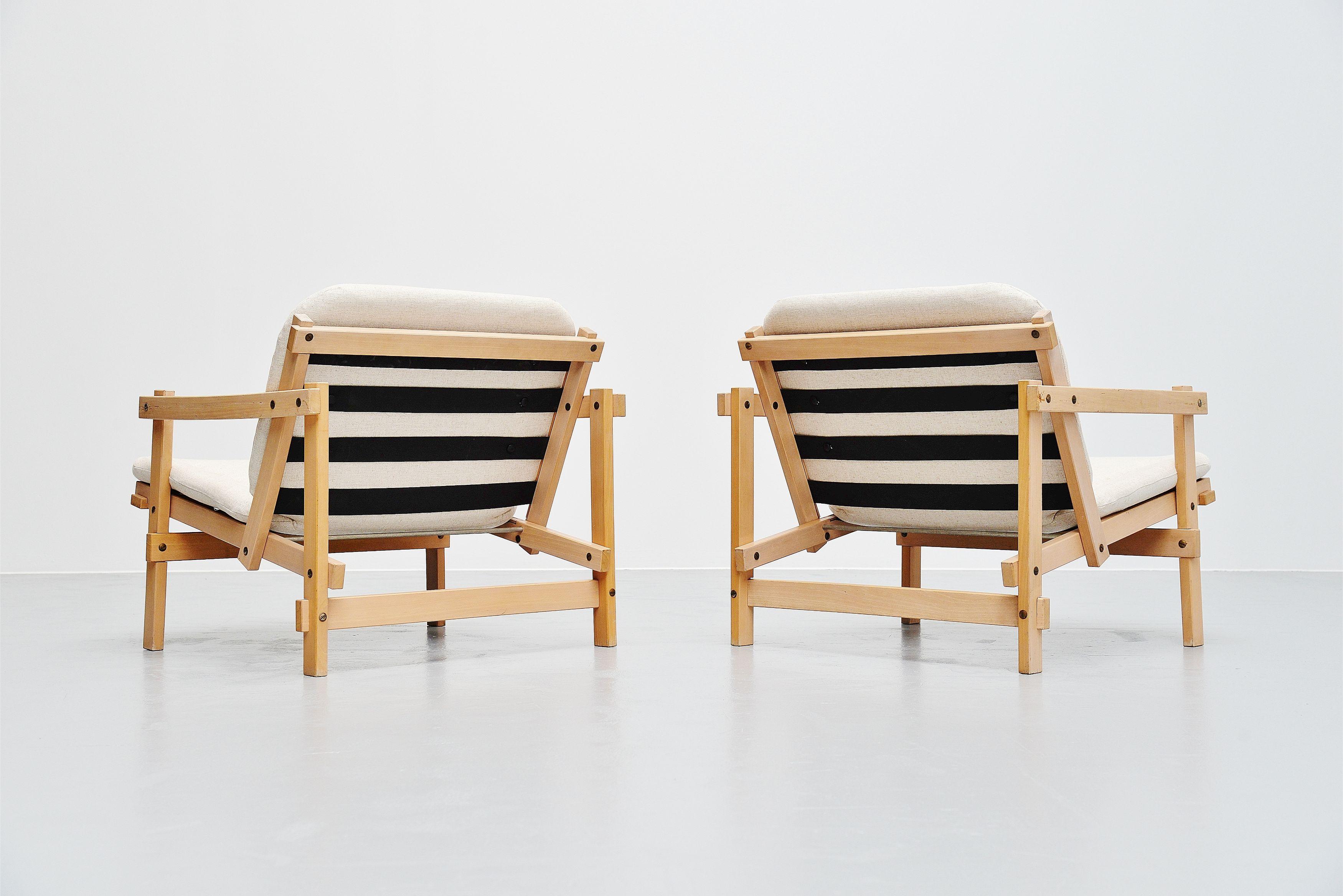Rare pair of 'Cleon' lounge chairs designed by Martin Visser and manufactured by 't Spectrum, Holland 1964. The chairs have solid beech wooden slat structure which was white wahed, this design was clearly inspired by the works from Gerrit Rietveld.
