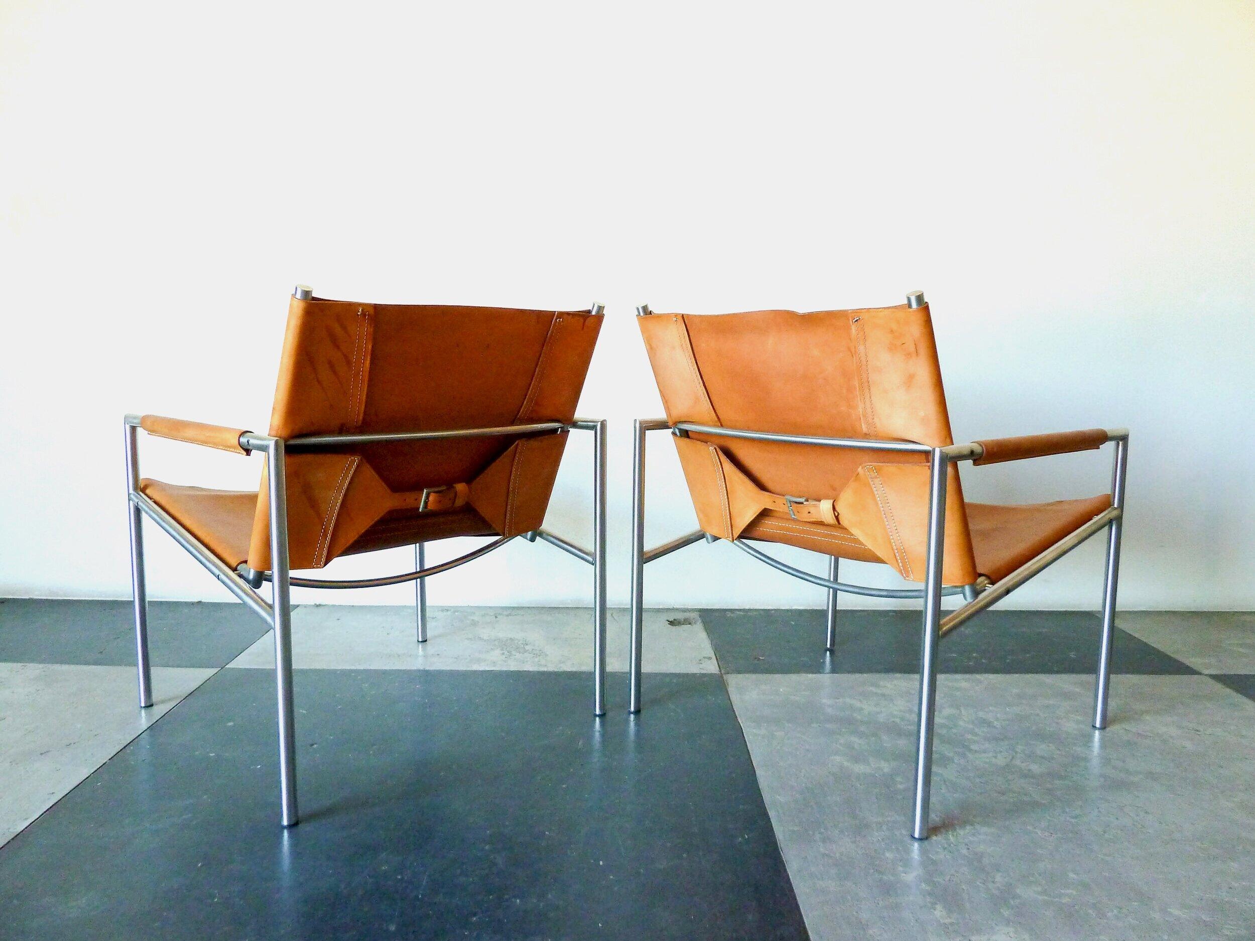 Patinated Martin Visser Cognac Lounge Chairs with Cognac Leather