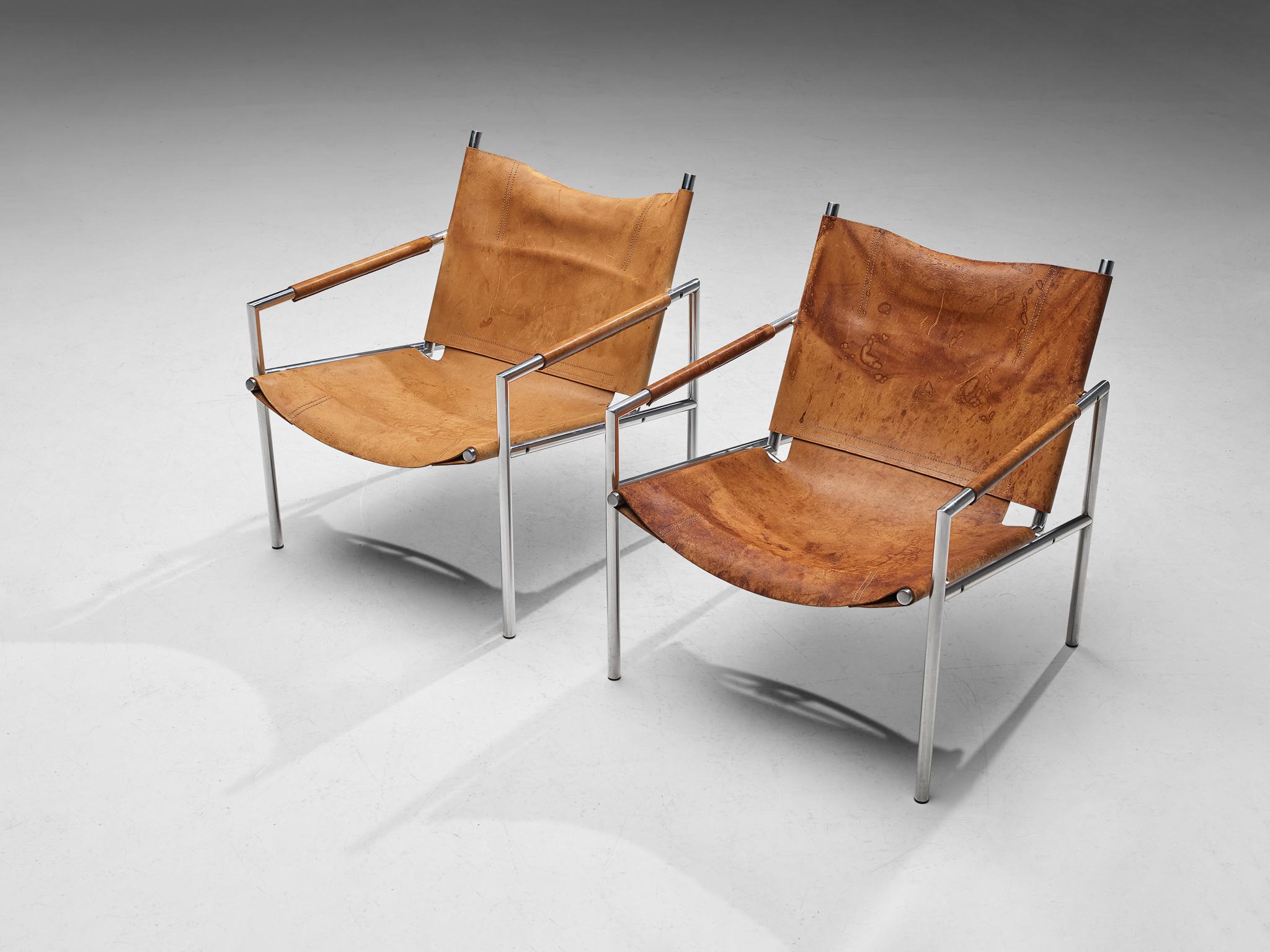 Brushed Martin Visser for 't Spectrum Pair of Armchairs in Patinated Cognac Leather  For Sale