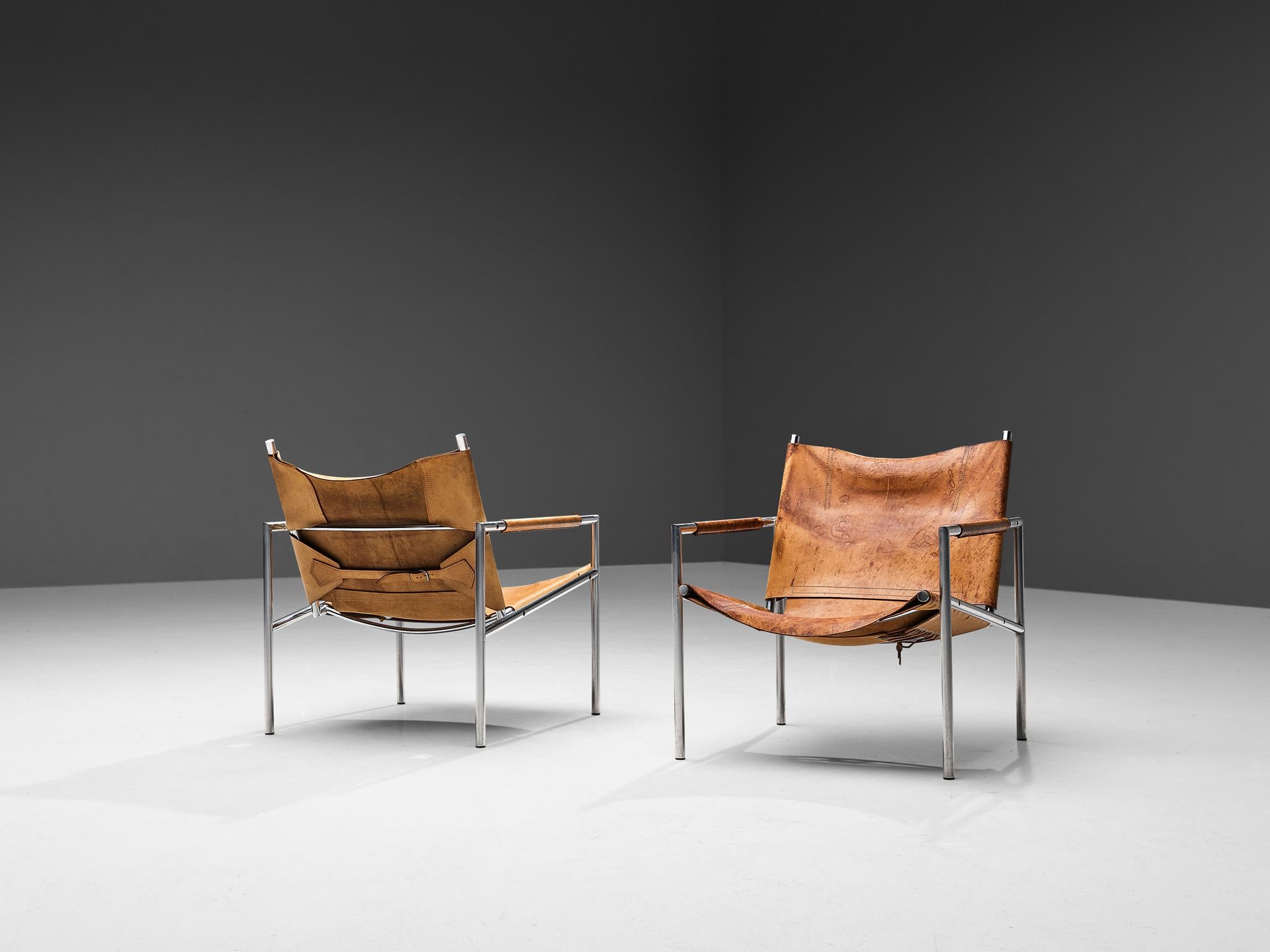 Steel Martin Visser for 't Spectrum Pair of Armchairs in Patinated Cognac Leather  For Sale