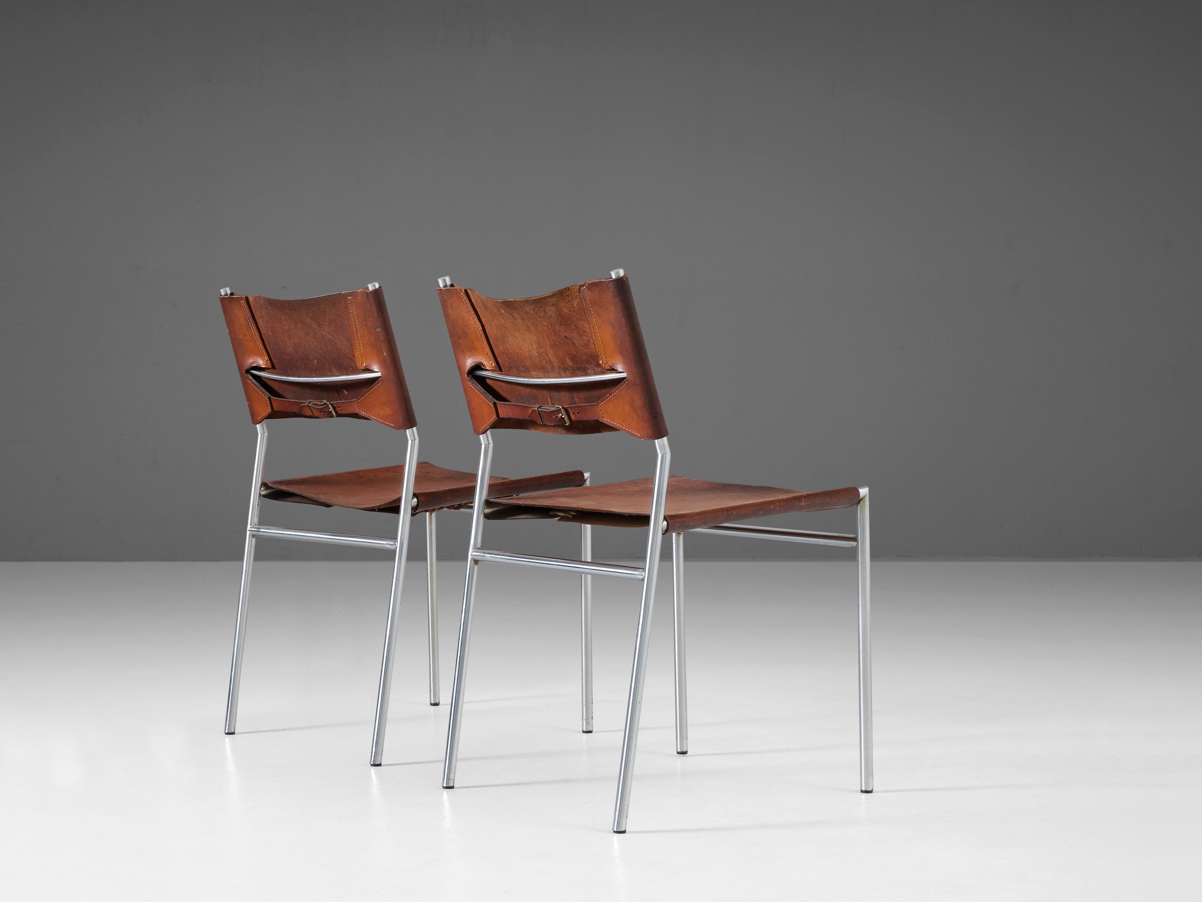 Dutch Martin Visser for 't Spectrum Pair of Dining Chairs in Cognac Leather